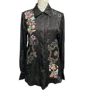 Survival Black Embellished Button Down Sz Large Floral Accents Whimsical